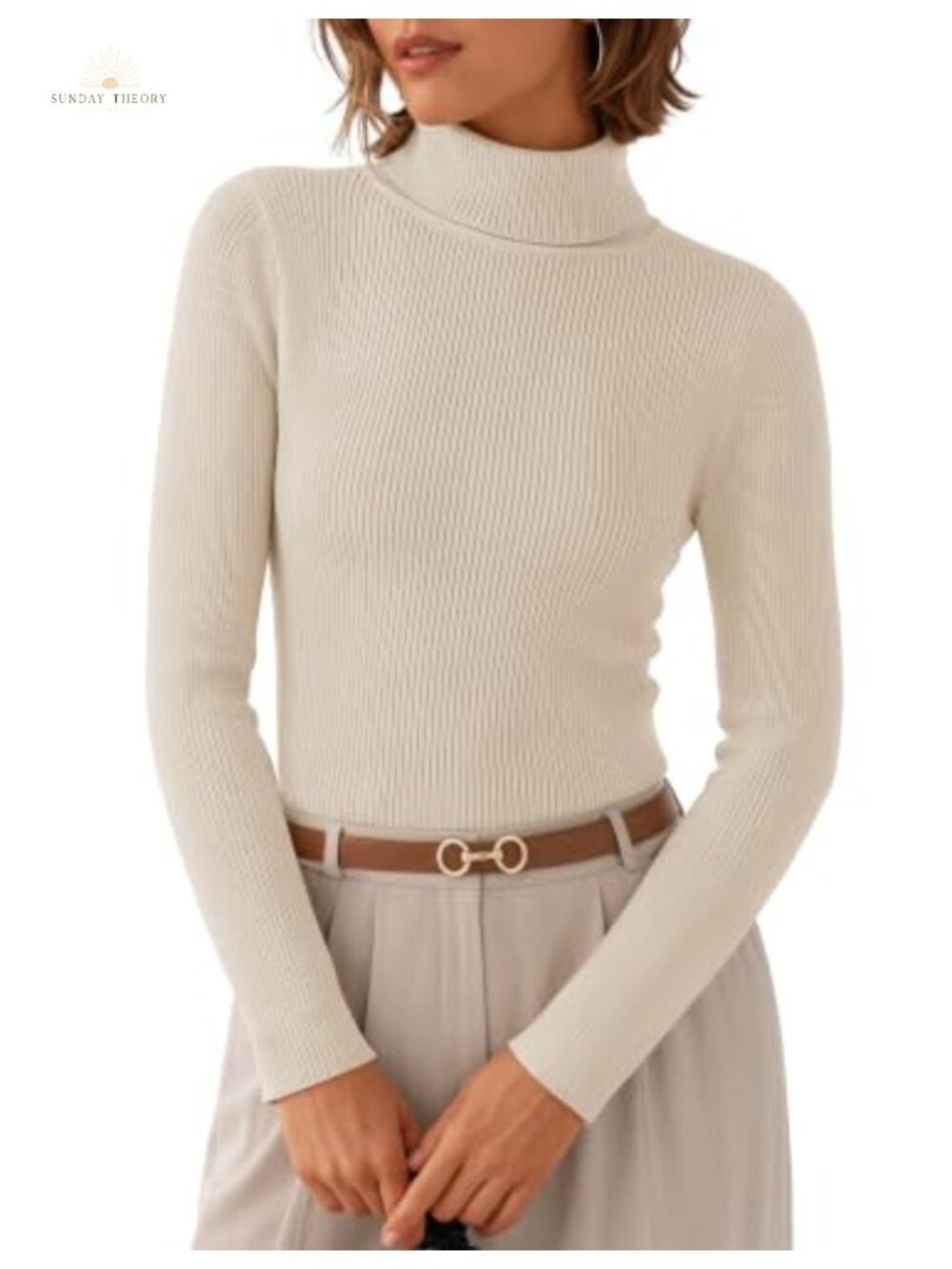 Turtleneck Long Sleeve Pullover Sweater Slim Fit Ribbed Knit